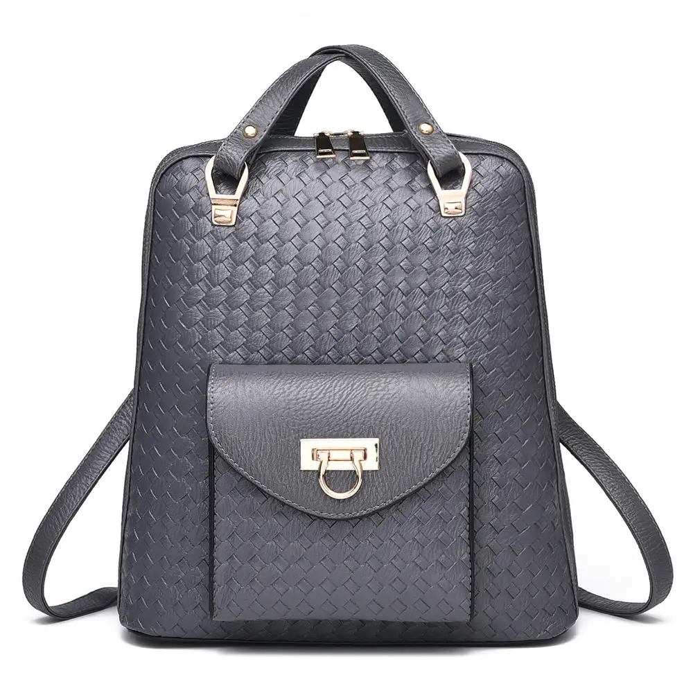 Minimalist Weaving Veins PU Leather Women Backpack Lady Shopping Daypack Casual Travel Bag