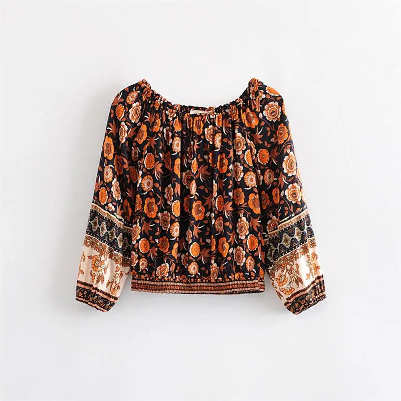 2019 Женская мода Boho Цветочный принт с открытыми плечами блузка летняя длинным