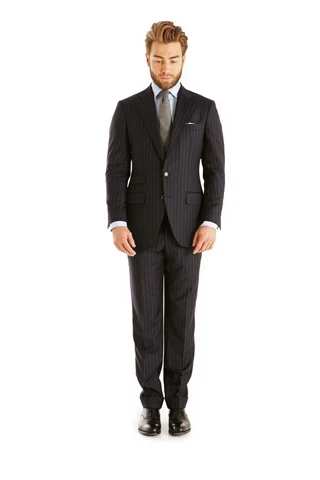 

2018 New arriving Hot selling Custom Slim Fit navy stripe 100% wool two Buttons notch lapel mens suit business suit for men