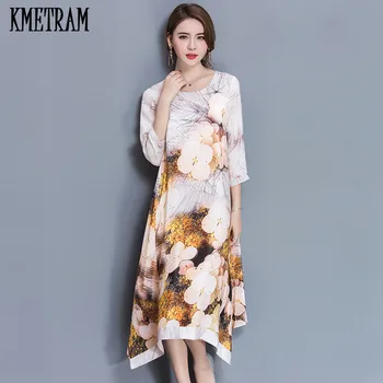 

New Summer Chiffon Silk Dress Women Elegant Retro Print White Dresses Ladies Female Vintage Slim Sundress Vestidos Mujer YJZ107