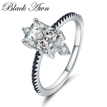 

[BLACK AWN] 925 Sterling Silver Row Black Stone Engagement Rings for Women Fine Jewelry Bague C312
