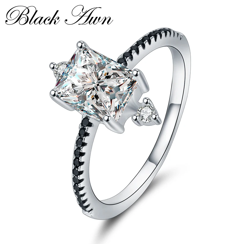 [BLACK AWN] 925 Sterling Silver Row Black Stone Engagement Rings for