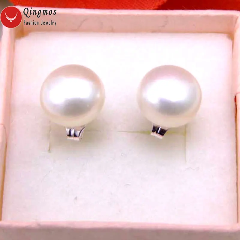 Qingmos, белые серьги с пресноводным жемчугом для женщин, 7-8 мм, плоские круглые серьги-гвоздики из натурального серебра, хорошее ювелирное изделие, серьги 181 - Окраска металла: White