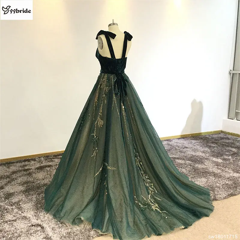 Boat-Neck темно-зеленый велюровый Длинные Вечерние Платья vestidos de fiesta largos elegantes de gala линии Спагетти ремень платья для выпускного вечера