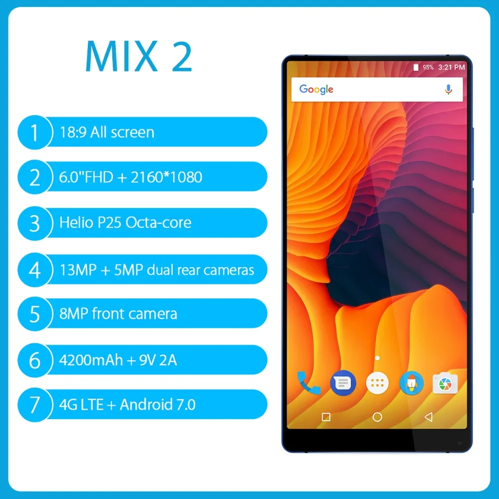 Original Vernee Mix 2 Dual Camera Smartphone 4GB 64GB 6.0 Inch 18:9 Screen Back Glass Design Android 7.0 13MP Cellphone 4200mAh