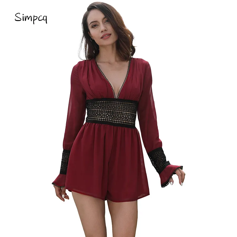 Simpcq Sexy V-Neck Summer Stylish Women's Jumpsuit Chiffon Hollow Out Black Short Playsuit Elegant Flare Long Sleeve Overalls 