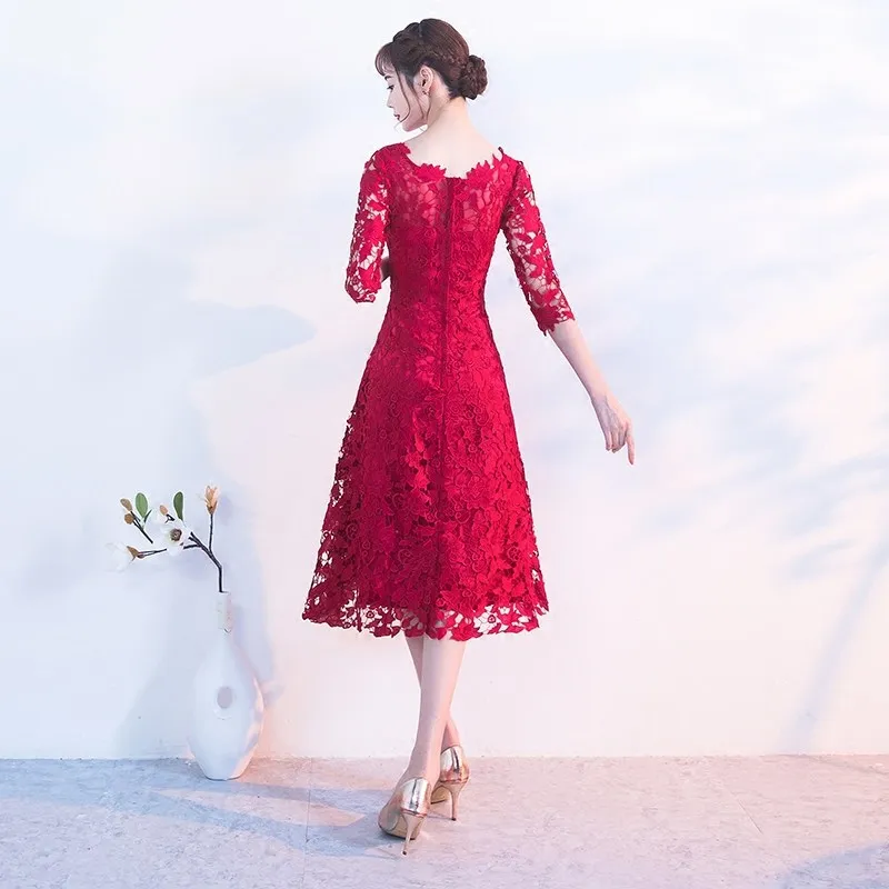 Вышивка красный китайское платье Qipao сексуальная Cheongsam платья для женщин Повседневное для кружево традиционный вечернее платье Vestido Oriental