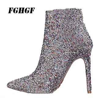 

Stiletto and extra-high pointed Martin boots Bright piece of cloth Short tube sexy Female boots 35-40 yards Night wind leisure