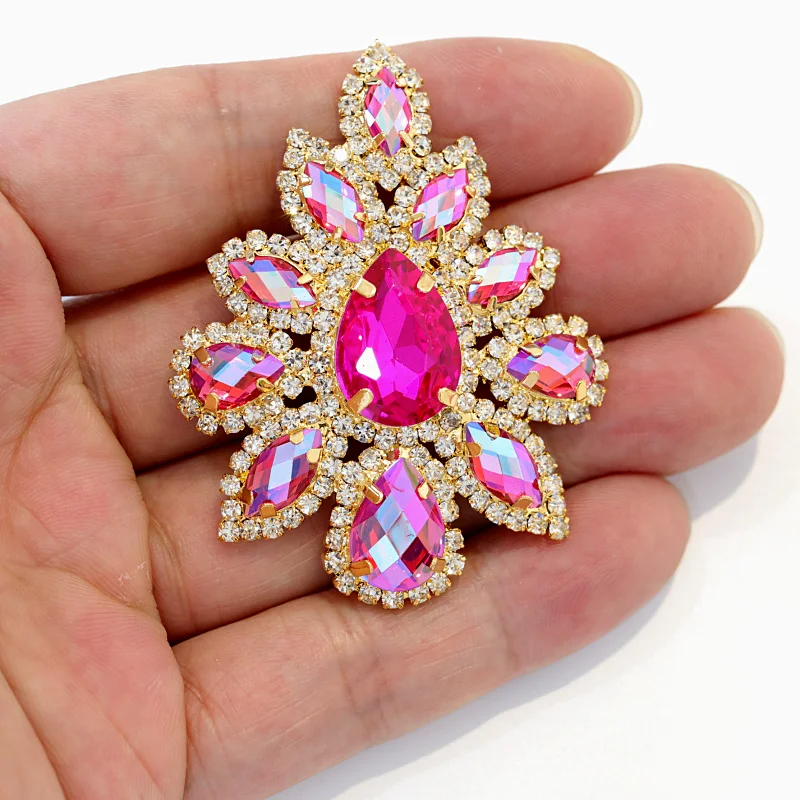 5.8*4.5cm 크리스탈 AB 유리 Strass 골드베이스 웨딩 드레스 B1008에 대한 라인 석 아플리케에 여러 가지 빛깔의 바느질 стразы для рукоделия