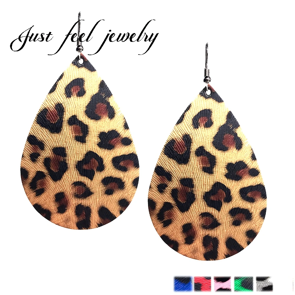 

JUST FEEL Luxury 6 Colors Gold Leopard Teardrop Leather Statement Earrings for Women Brand Jewelry Water Drop Dangle Earrings