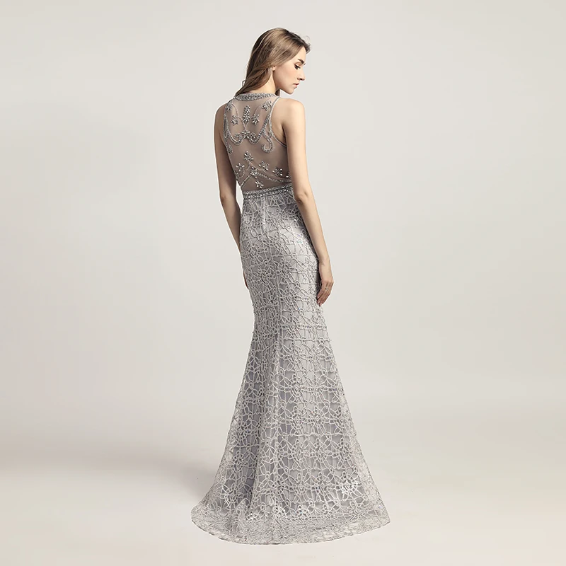 New Arrival Silver Beading Mermaid Evening Dresses 2019 Long Fashion Plus Size Prom Dress Illusion Back Party Gowns OL436