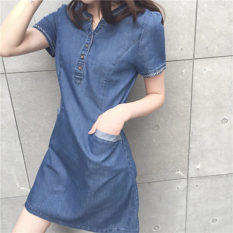 QMGOOD Summer Dresses Women 2019 New Korean Denim Dress for Women Casual Solid Jeans Dress Sexy Denim Mini Dress Plus Size XXL
