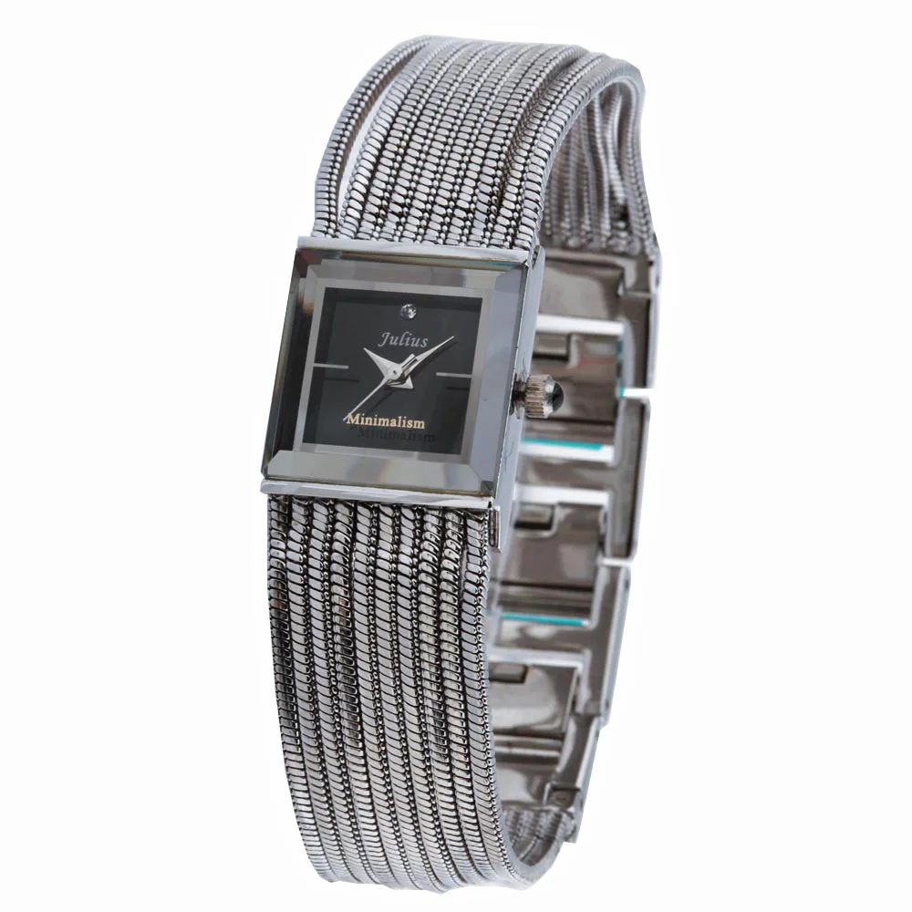 Julius Леди женские часы Япония кварцевые часы тонкой моды браслет люксовый бренд змея кисточки девушки подарок на день рождения коробка - Цвет: Серебристый