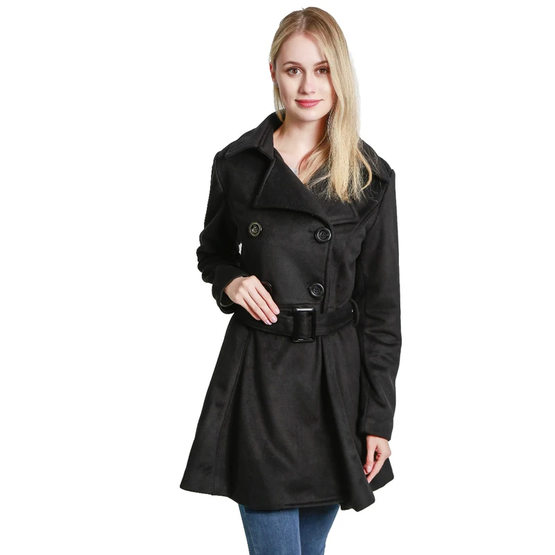 Winter Coats Women Swing Double Breasted Wool Pea Coat Girls Mid-Long Long Sleeve Lapel Trench Outwear Belt Buckle Slim Coats Coats