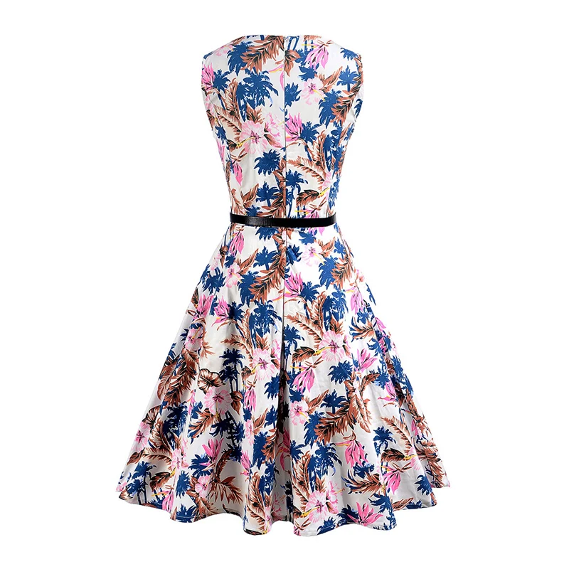 Kostlish Floral Print Summer Dress Women Sleeveless 50s Tunic Vintage Dress With Belt 2017 Elegant Swing Party Dresses Sundress (11)