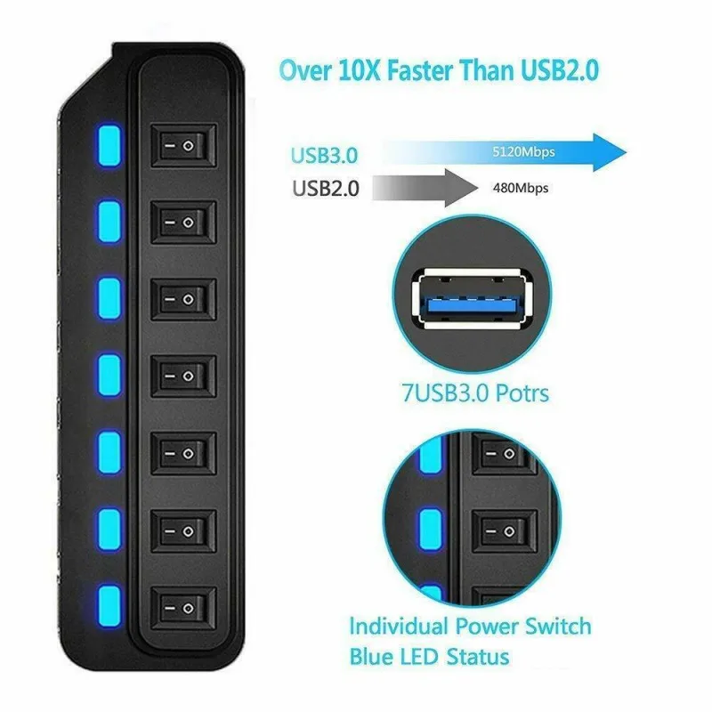 7 Порты USB 3 0 Hub адаптер с включения/выключения 5 Гбит/с высокая Скорость для