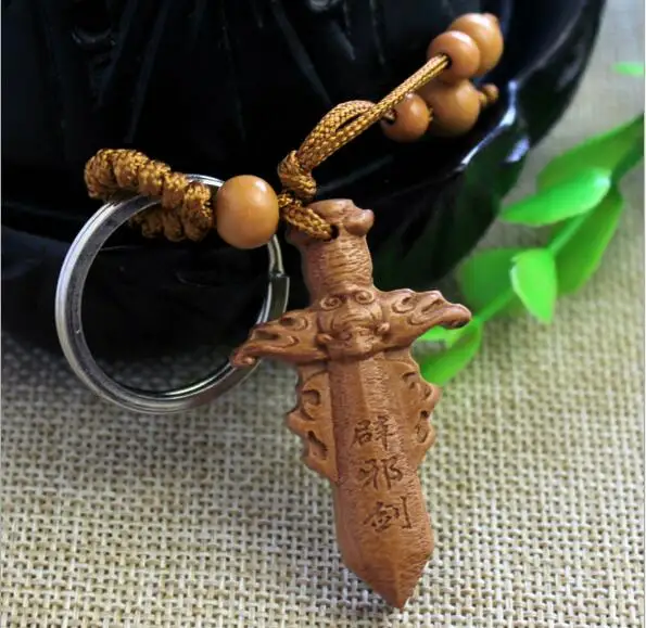 

New fashion natural peach wood cross shape keychain key ring for men women unisex to ward off bad luck cross keychains