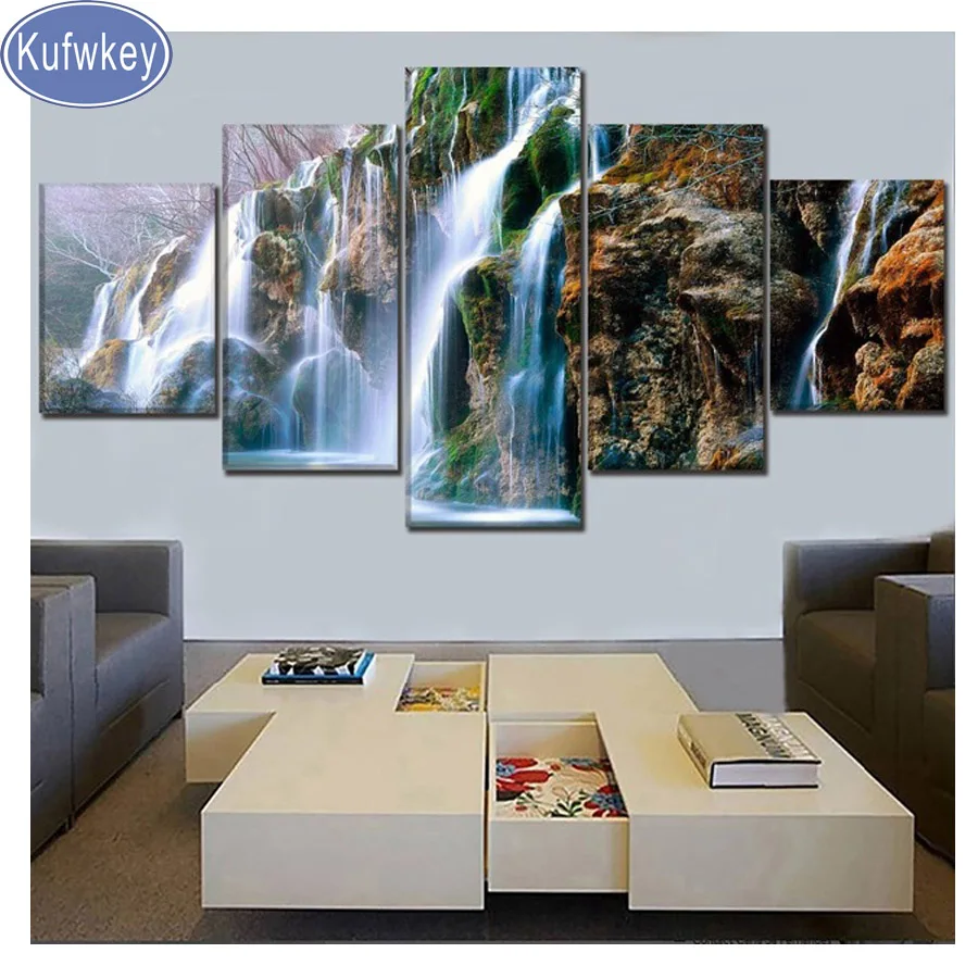 5 Panel Nature Mountain Rock Landscape Waterfall Diamond Embroidery 5D diy Painting picture Cross Stitch Mosaic | Дом и сад