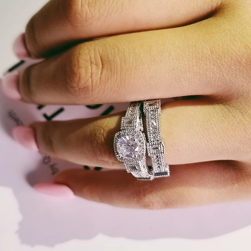 

luxury solid 925 Sterling Silver wedding Rings set for bridal 2pcs Women Engagement anniversary gift wholesale jewelry R4814