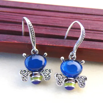 

925 Sterling Silver bee bees Earrings retro Thai Silver Garnet Earrings New blue ear hanger new style