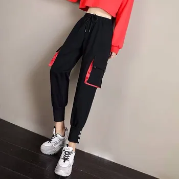 

Hip Hop Cargo Pants Women Harajuku Punk Casual Pants Capris Elastic High Waist Trousers Female Black High Street Sweatpants