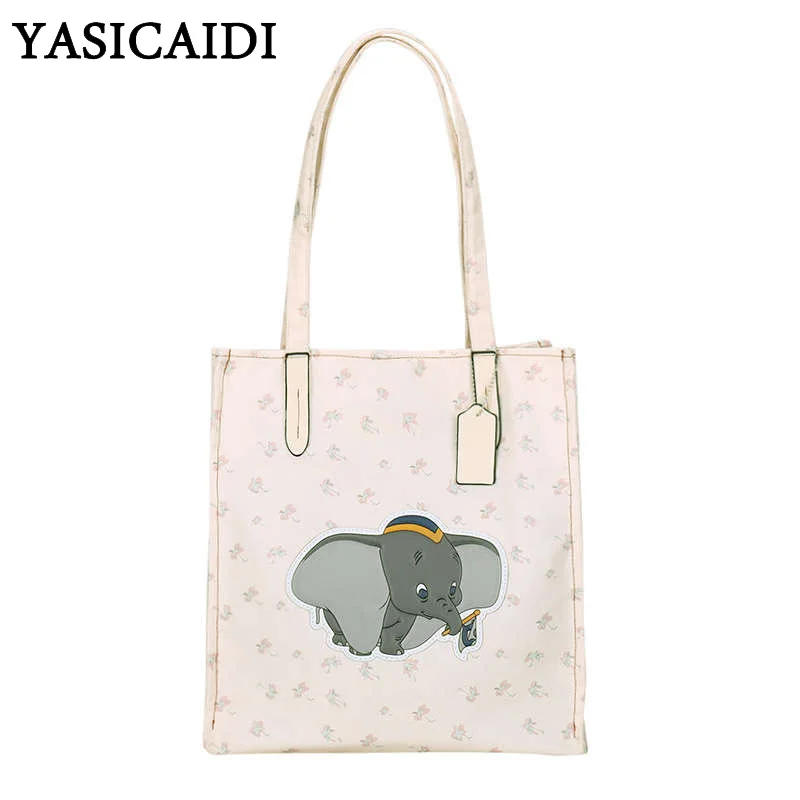 

YASICAIDI Fashion Flower Cartoon Printing Girls Handbag Summer Canvas Elephant Decor Women Shoulder Bag Casual Tote Shopping Bag