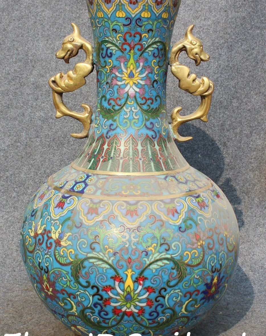 

16" China Cloisonne Gild Palace Dragon Dragons Beast Handle Flower Bottle Vase