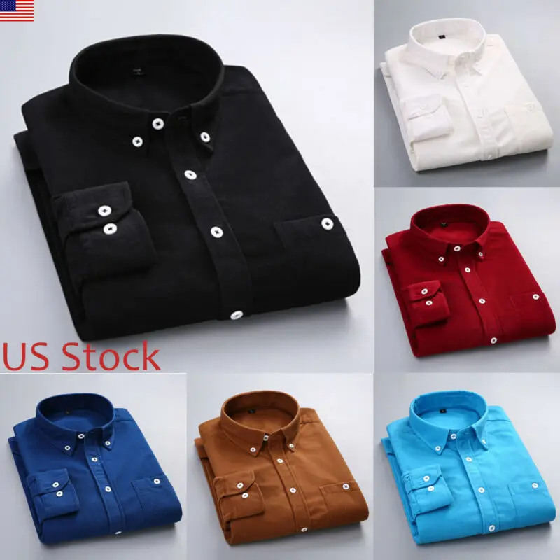 

Mens Long Sleeve Shirt Button Up Smart Casual Formal Plain Corduroy Dress Top