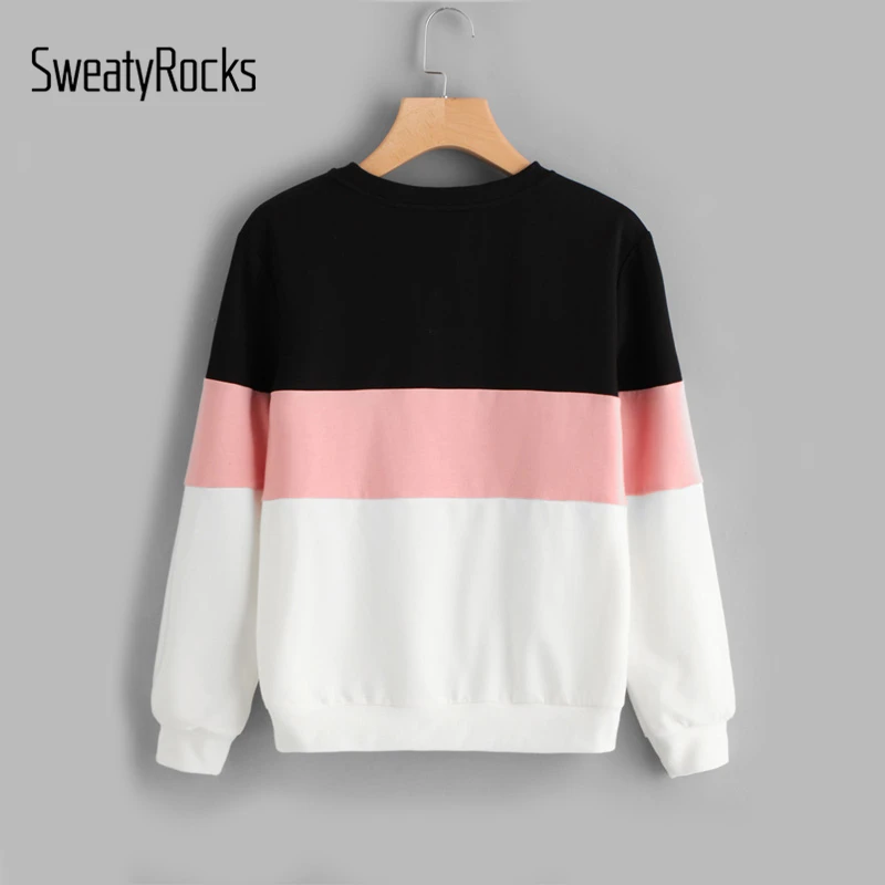  SweatyRocks Active Chic Sweatshirts Cut Sew Patchwork Pullovers Women Tops Color Block Crew Neck Fa