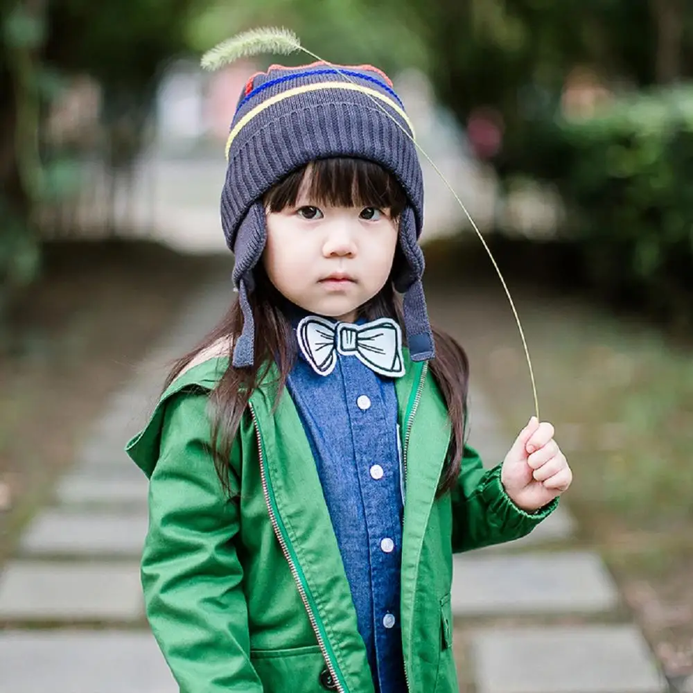 

Connectyle Boys Kids Striped Knit Beanie Hat with Earflap Warm Cuff Winter Cap Dark Gray