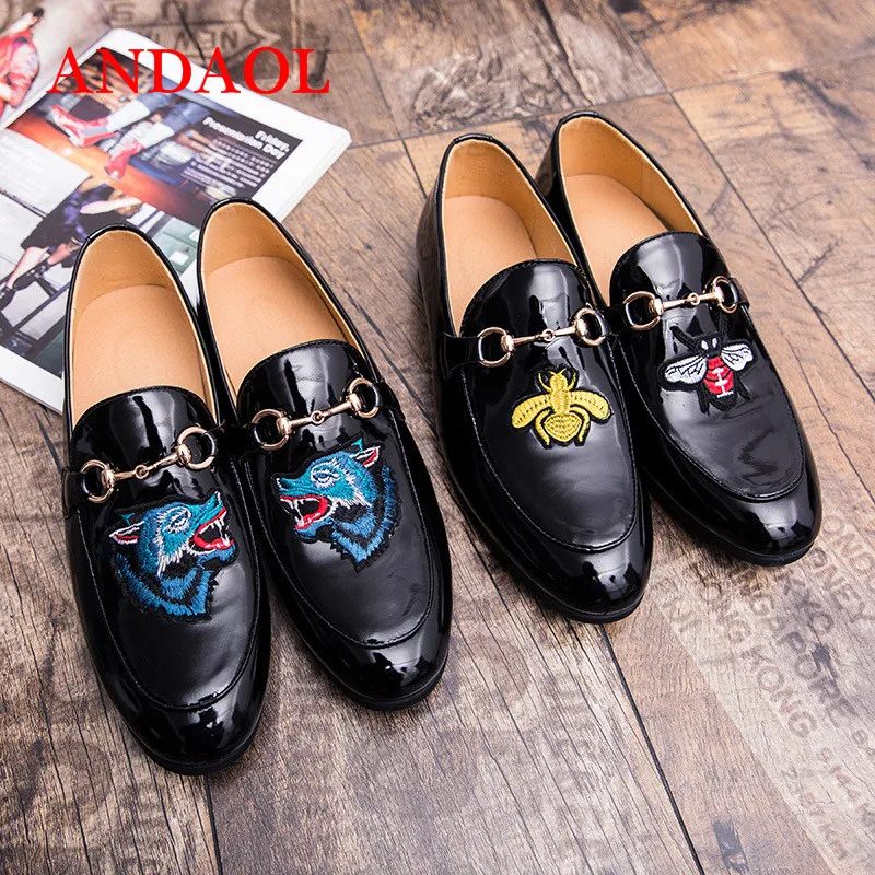 

ANDAOL Men's Leather Casual Shoes Fashion Bright leather embroidery Designer Loafers Driving Flats Luxury Slip-on Wedding Shoes
