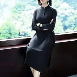 Женская одежда 2019 весна женские роскошные первоклассные черные цвета 100% Настоящее шелковое платье с поясом элегантные платья с длинными