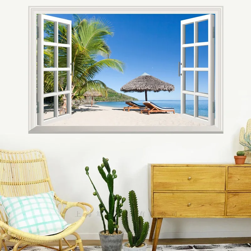 

False window Beach Coconut tree 3D wall sticker PVC Material wall poster For Home background wall Decoration sticker