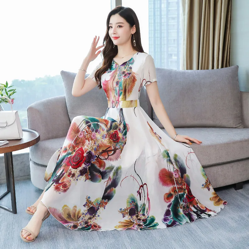 

2019 Summer New Arrival Plus Size M-3XL Flower Printed V Collar A-Line Short Sleeve Woman Long Chiffon Dress