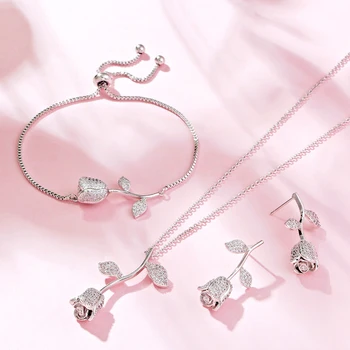 

Hadiyana Fashion Jewelry Rose Pendant Necklace Bracelet Earring Set With Shinning Zircons Women Wedding Party Jewelry Set TZ001