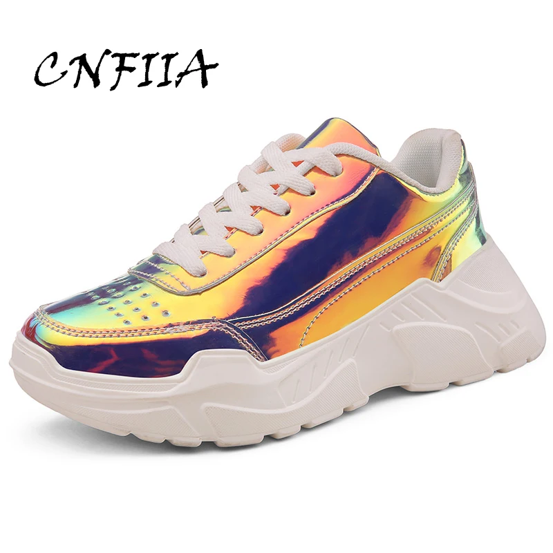 CNFIIA Sneakers Women Platform Shoes Sliver White Women