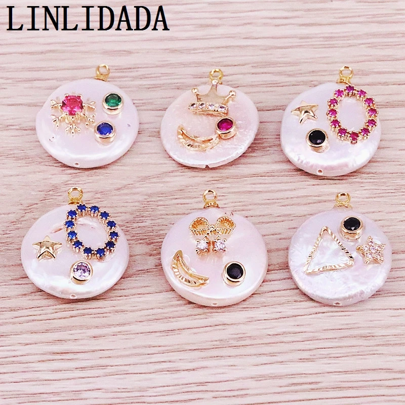 

8Pcs Fashion Mix style Coin Freshwater Pearl Micro Paved CZ pendant Delicate Zircon Inlay Pearl charm, For Jewelry Making