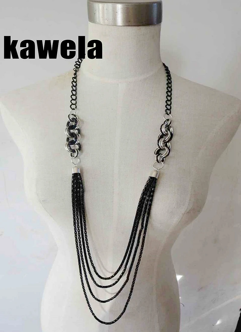 

Free Shipping Long Layered Necklace, Black And Silver Chain Necklace