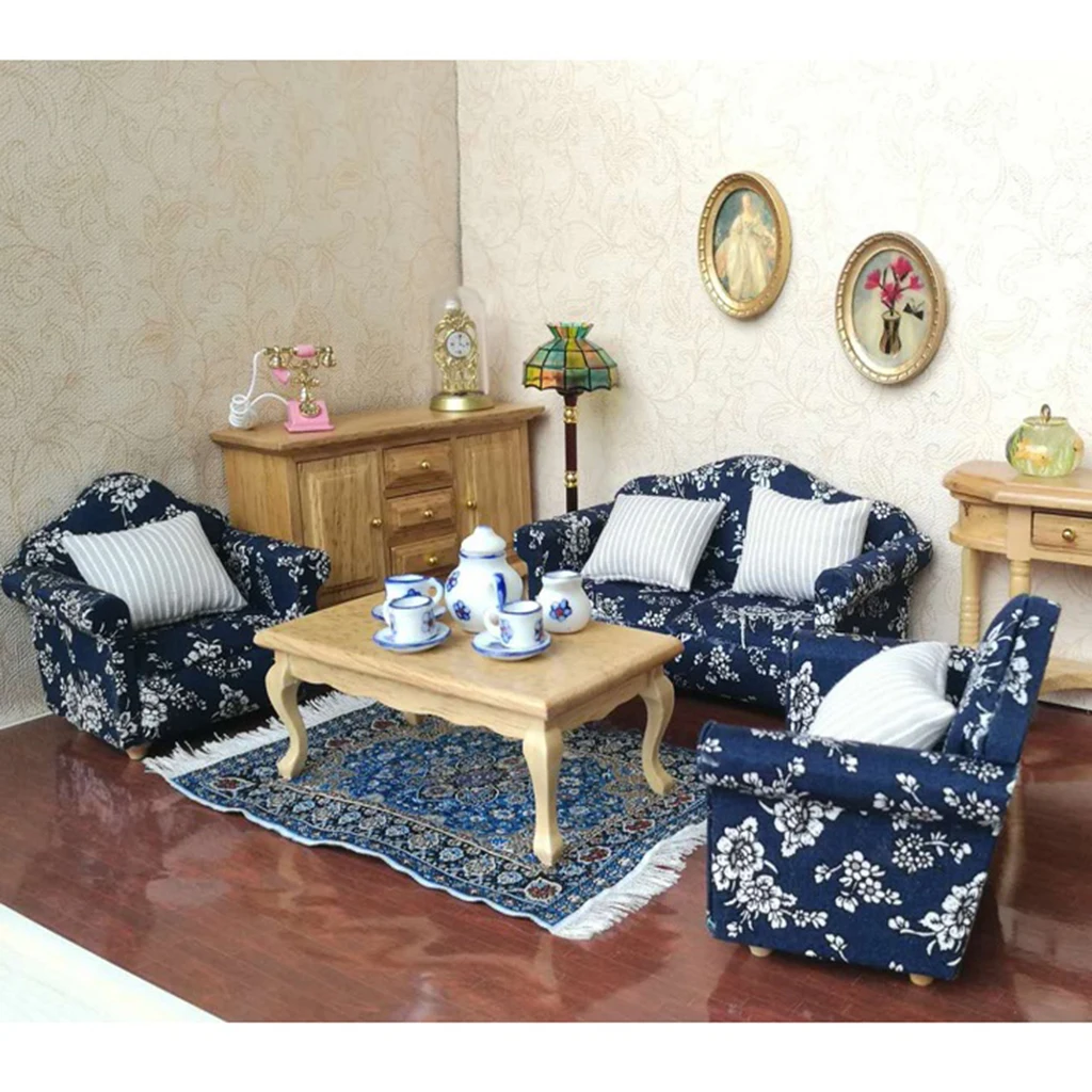 Luxury Miniature Wooden Display Cabinet Floral Sofa Couch 1/12 Dolls House Furniture Room Items Accessories