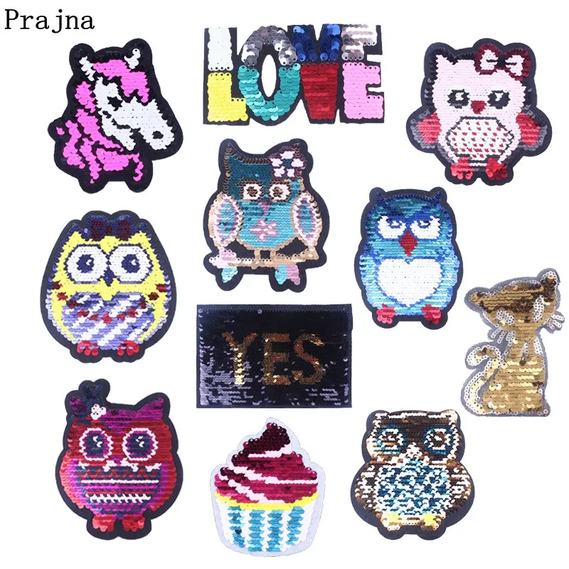 

Prajna Baby Owls Stripes On Clothing Black Cat Unicorn Patches Reversible Change Color Sequin Patch Appliques For T-shirt DIY