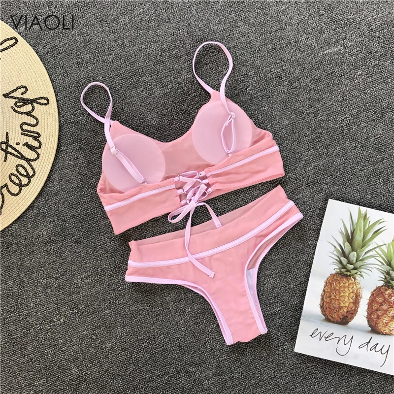 

New Solid Mesh High Waist Two Piece Swimsuit Women's Swimming Suit Back Adjustable Bandage Swimwear Sexy Beachwear Pink Blue