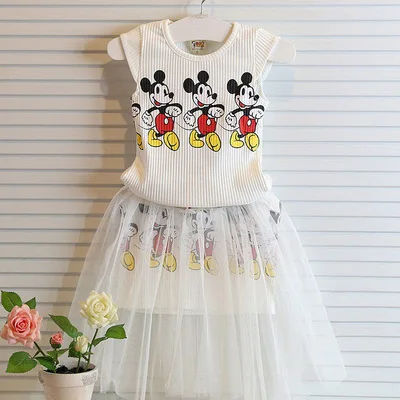 Disney/Новая летняя детская одежда принцессы с Микки Маусом юбка для девочек жилетка с Микки Маусом Детский комплект, платье бальное платье - Цвет: Бежевый