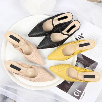 

2019 Summer Fashion Women Pointed Toe Slippers Solid Round Heeled Low Heels Outside Ladies Slides Beach Mules Shoe Hollow Design