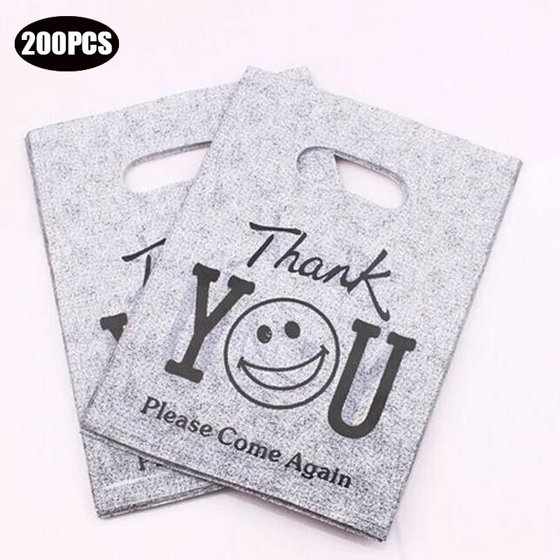 200PCS thank you plastic Bags small Shopping Handbag with Handle wedding birthday party Cookie Candy gift packaging Favors