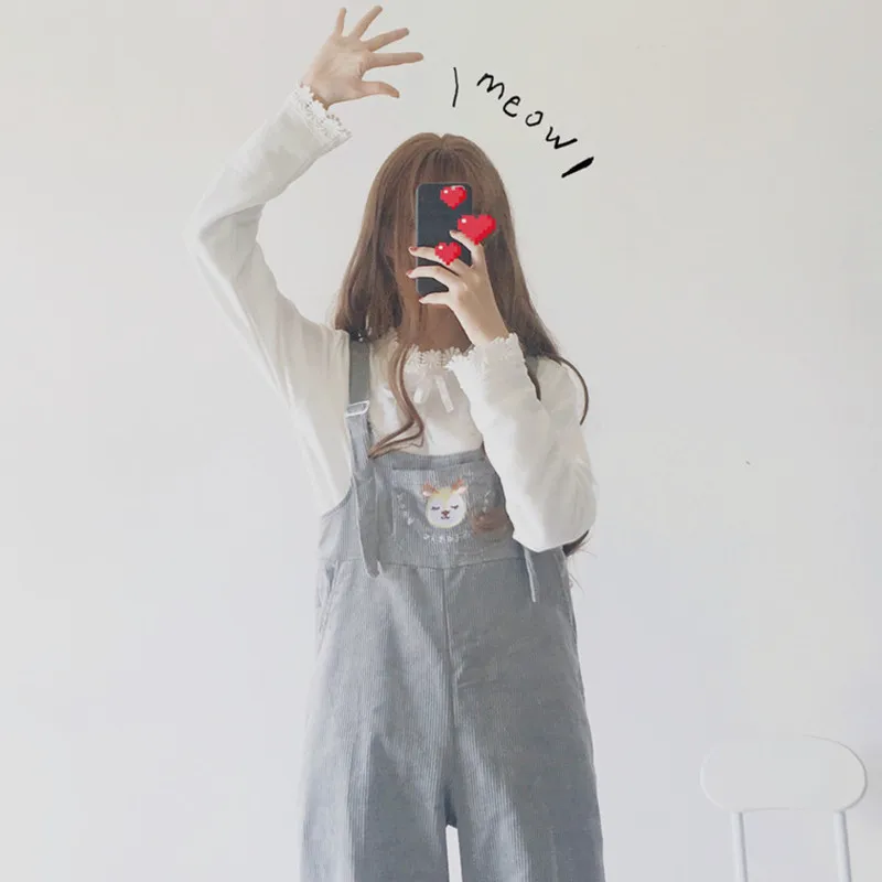 Japan Style Soft Girl Kawaii Lolita Wide Leg Jumpsuit Ankle Length Casual Loose Cartoon Embroidery Corduroy Suspenders Overalls