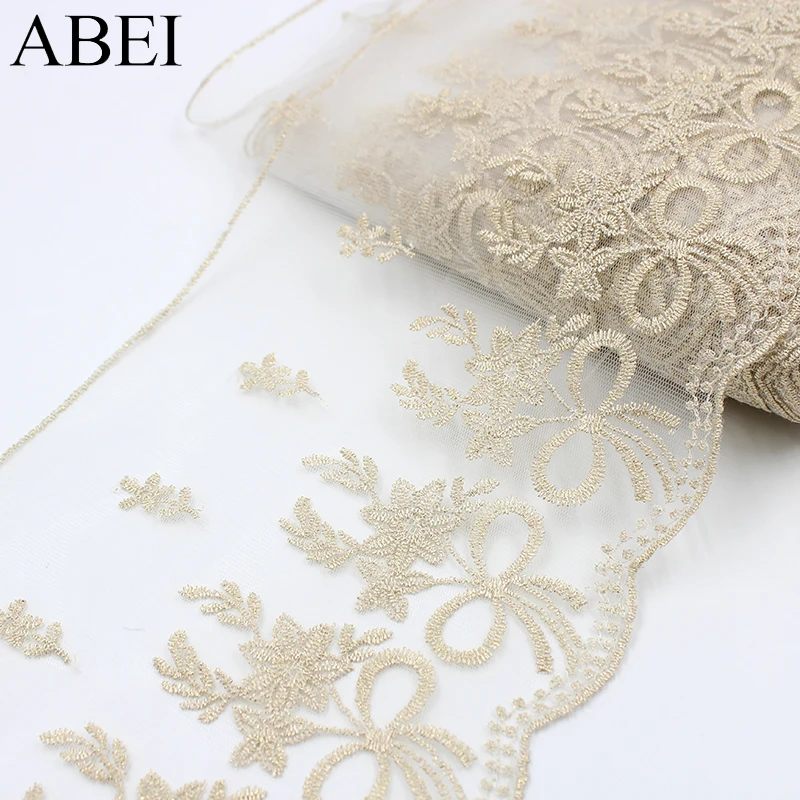 

19cm width 5yards/lot Gold Embroidered Bow Flower Mesh Lace Ribbon Diy Wedding Party Dress Lace Fabric Accessories Supplier