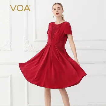 

VOA Red Silk Pleated Dresses Women Large Size Short Sleeve vestidos sukienki Summer Midi Dress elbise jurken Casual vestiti A989