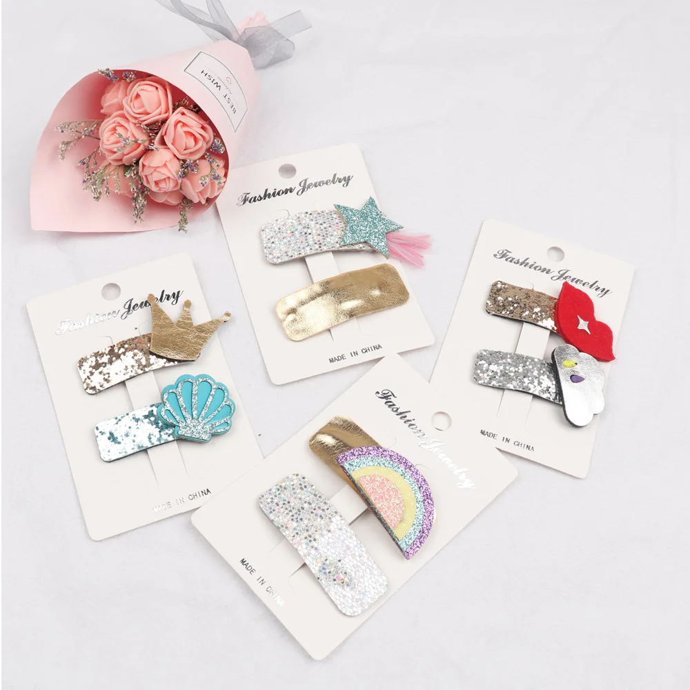 

CN 2 Pcs/Set Glitter Hair Accessories Star Crown Hairpins Children Leather BB Clip Girls Cute Cartoon Rainbow Hair Clips