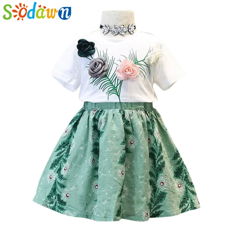 

Sodawn 2018 Children Suit Summer New Sweet Three-Dimensional Rose Short-Sleeved T-shirt +Dress 2PCS Fashion Girls Clothing Suit