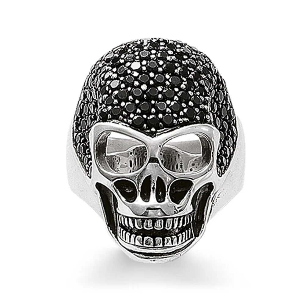 

Black Zirconia Pave Skulls Cocktail Rings For Women & Men Striking 925 Sterling Silver Rebel Fashion Jewelry Gift Ring Bague